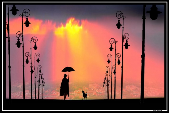 710x473, 64 Kb / Мэри Поппинс, собака, силуэты, свет