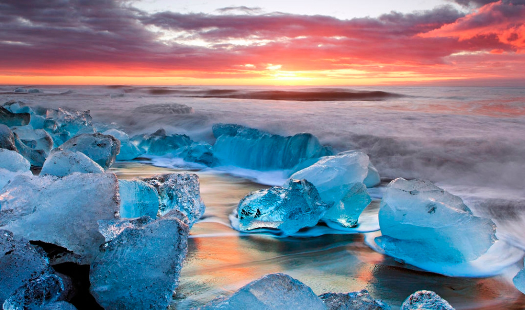 1024x604, 278 Kb / исландия, лед, волны, закат, море,