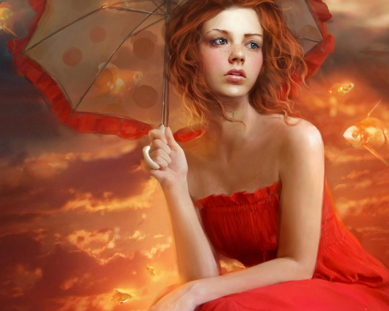 1280x1024, 245 Kb / рыжая, зонтик, рыбки