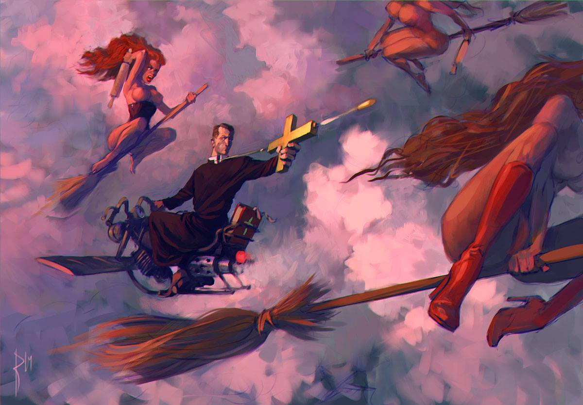 1200x835, 103 Kb / ведьма, святой, отец, метла, небо, крест, пистолет