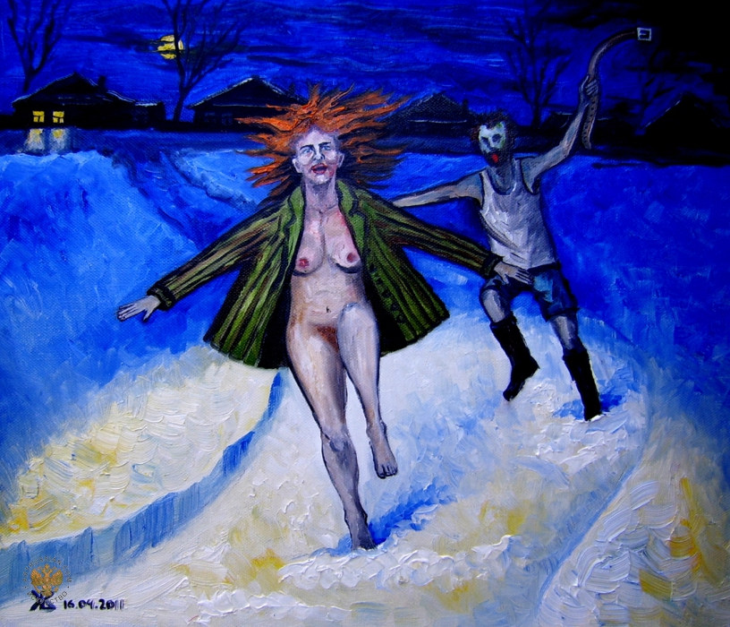 816x700, 211 Kb / ббпе, рыжая, ватник, зима, ремень, ночь, полнолуние