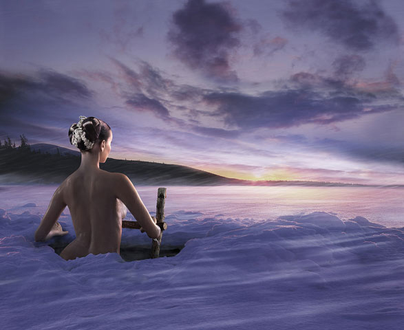 587x480, 79 Kb / прорубь, закат,морж