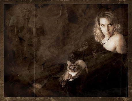 458x350, 44 Kb / сепия, блондинка, лампа, кот