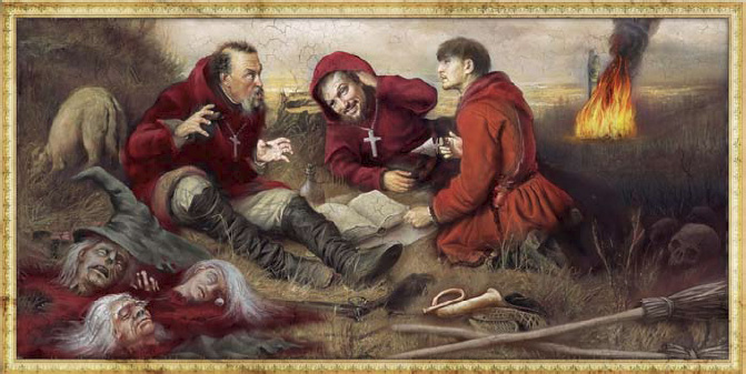 671x337, 105 Kb / монахи, ведьмы, головы, картина