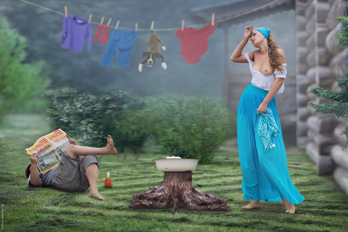 1200x800, 334 Kb / пень, тазик, белье, сушка, собака, газета, работа, топлесс, бирюзовое, косынка, платок, сруб, коньяк