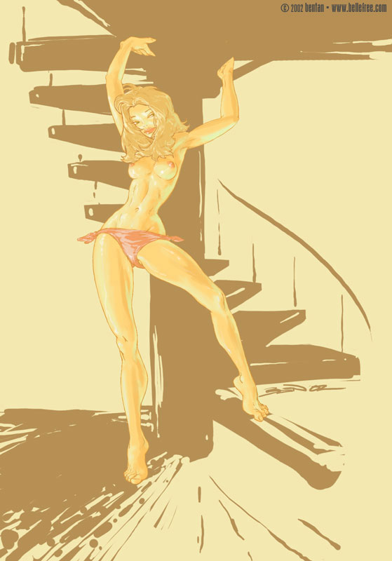 559x800, 52 Kb / лестница, ноги, топлесс, рисунок, блондинка