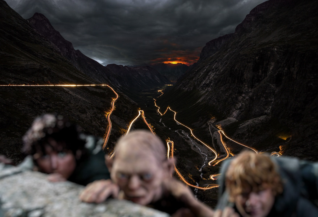 1024x700, 152 Kb / горы, скалы, дорога, серпантин, фродо бэггинс, горлум, сэм