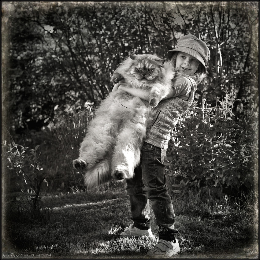 850x850, 321 Kb / девочка, кот, деревья, трава, ч/б, ANDY, PROKH