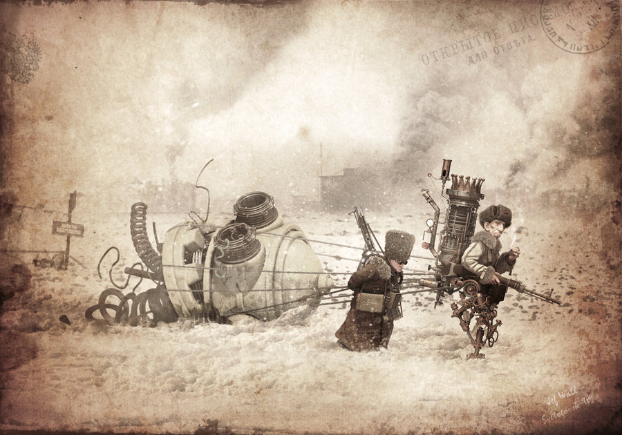 900x630, 147 Kb / робот, голова, русские, клюква, снег, стимпанк