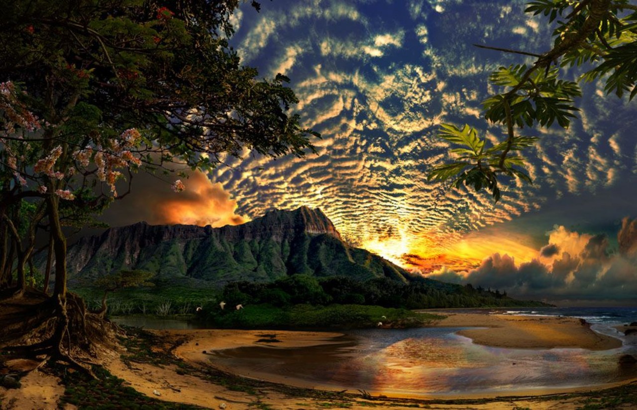 1280x825, 304 Kb / остров, тропики, гора, небо, облака, закат, пляж, вода, деревья