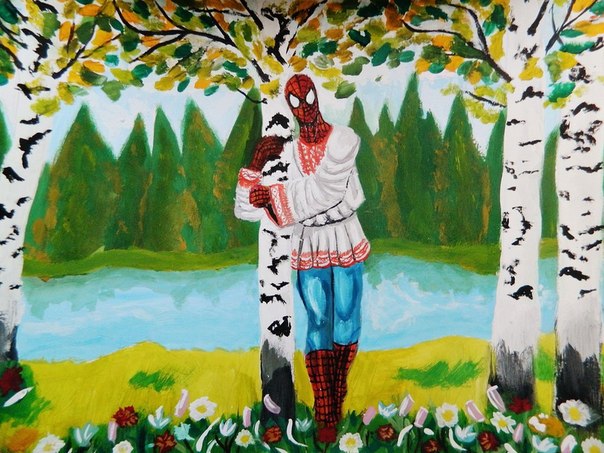 604x453, 91 Kb / Человек-паук, берёза, река, рисунок, приобнял, рубаха