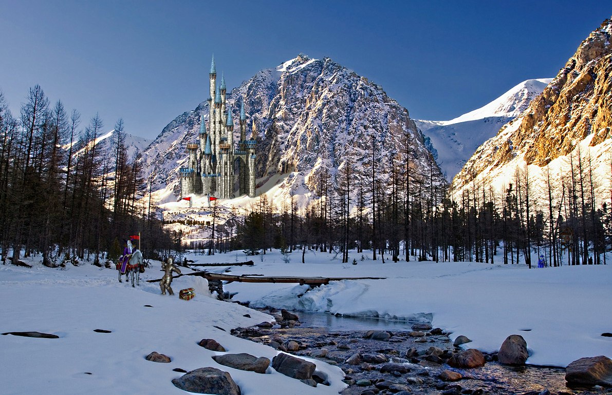 1191x770, 303 Kb / герои, река, замок, лес, снег, воин, лошадь, голем, сундук