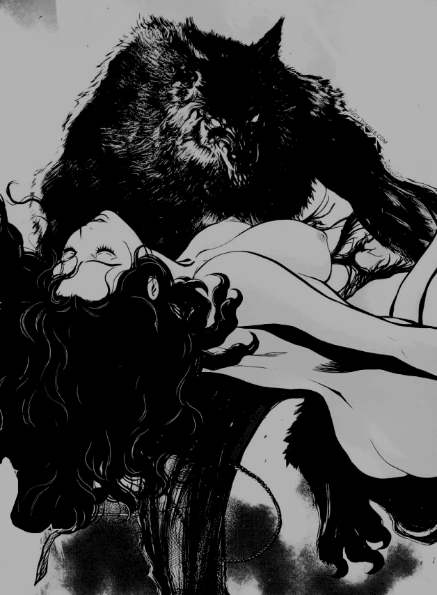 628x854, 211 Kb / волк, брюнетка, графика, голая, ч/б