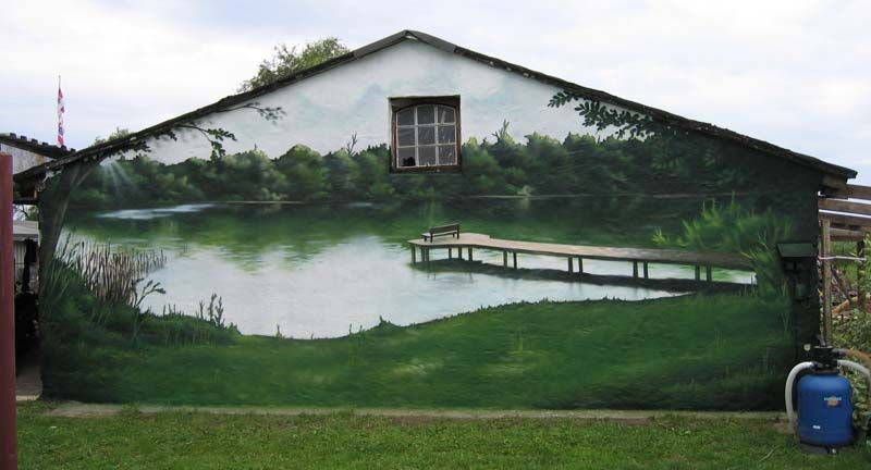 800x432, 50 Kb / дом, окно, крыша, озеро, мостки, берег, рисунок