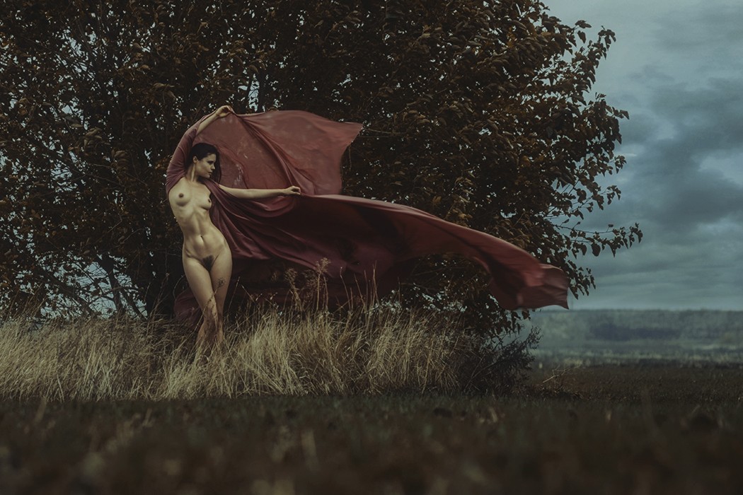 1050x700, 220 Kb / трава, плащ, шаль, голая, брюнетка, мохнатая, ветер