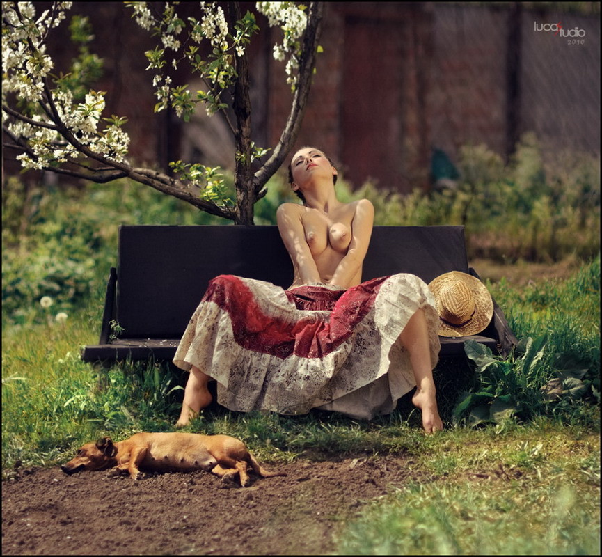 865x800, 231 Kb / шляпа, собака, скамейка, топлесс, юбка