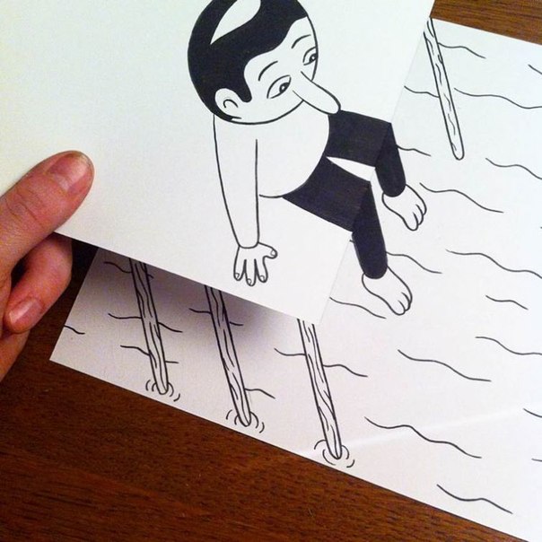 604x604, 65 Kb / иллюзия, человек, вода, рисунок, причал