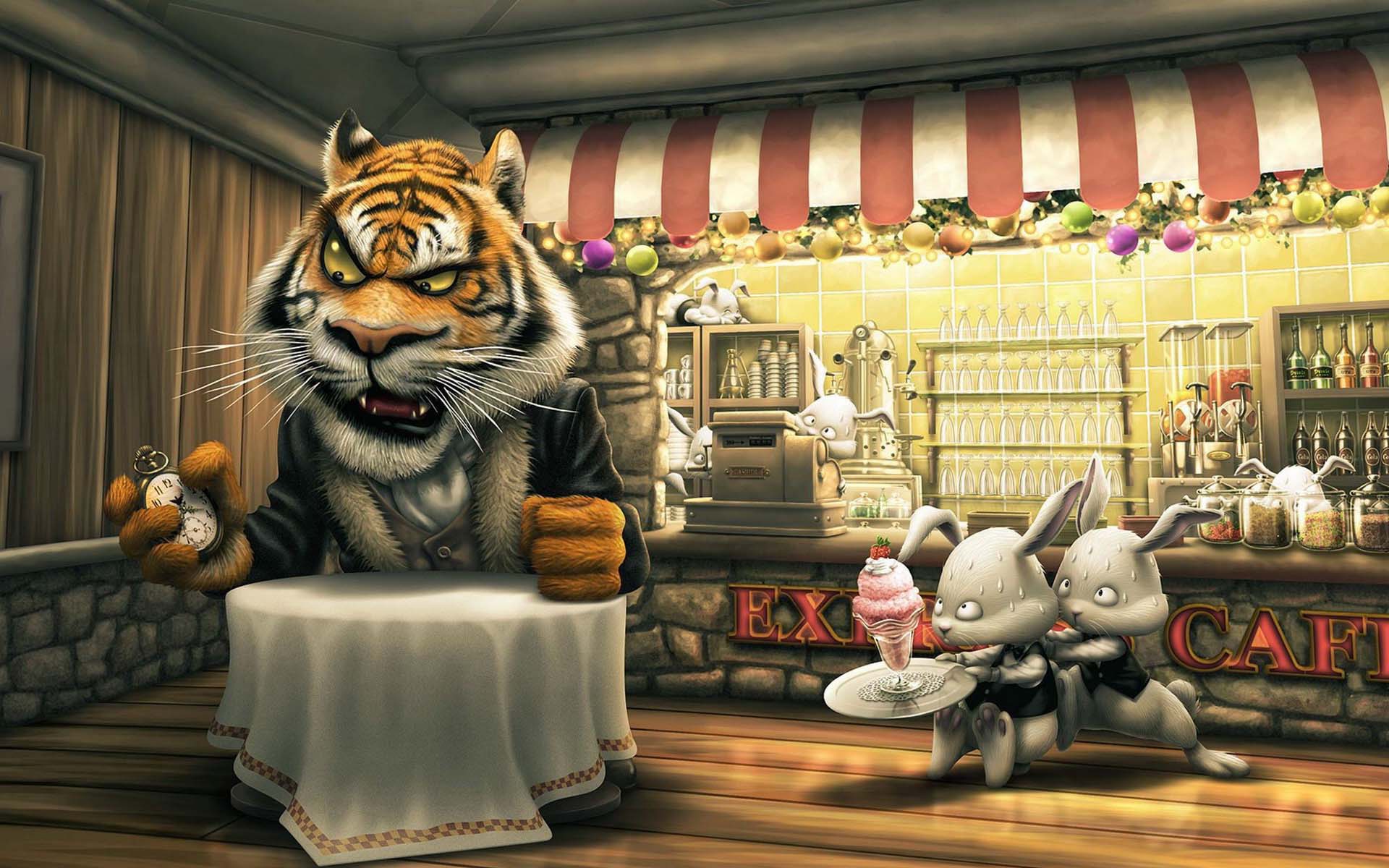 1920x1200, 257 Kb / тигр, кафе, мороженое, зайцы