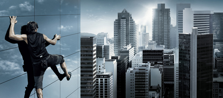 726x319, 87 Kb / скалалаз, небоскребы, солнце, скалолаз