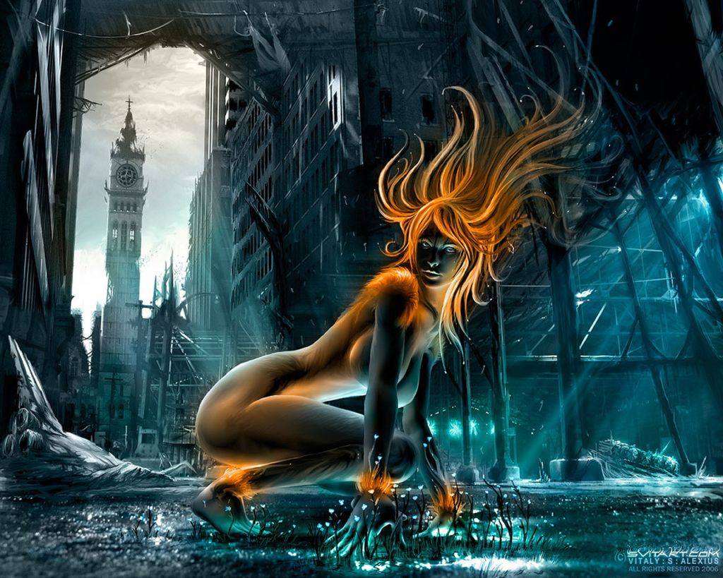 1024x819, 173 Kb / фэнтези, рыжая, башня, огненная, голая, девушка