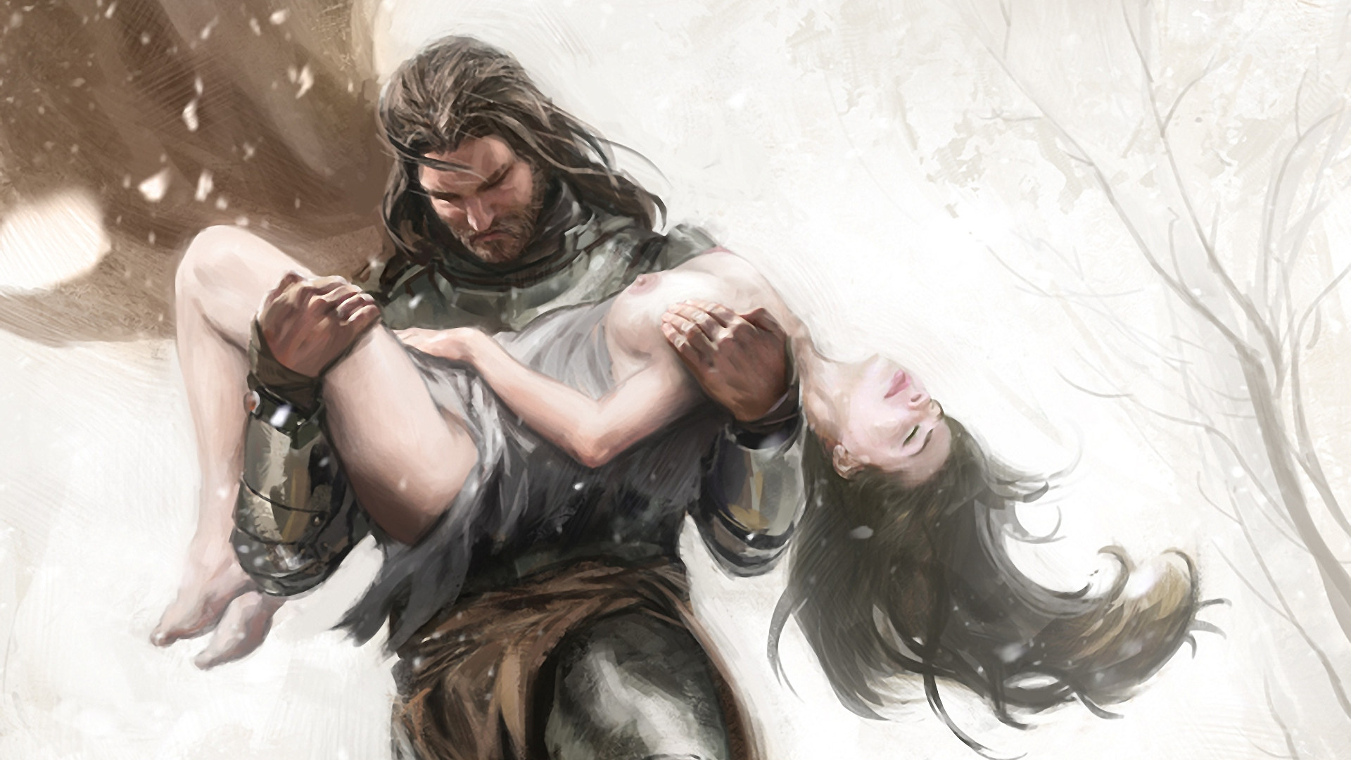 1920x1080, 329 Kb / бородач, сиськи, зима, брюнетка, воин, топлесс, рисунок