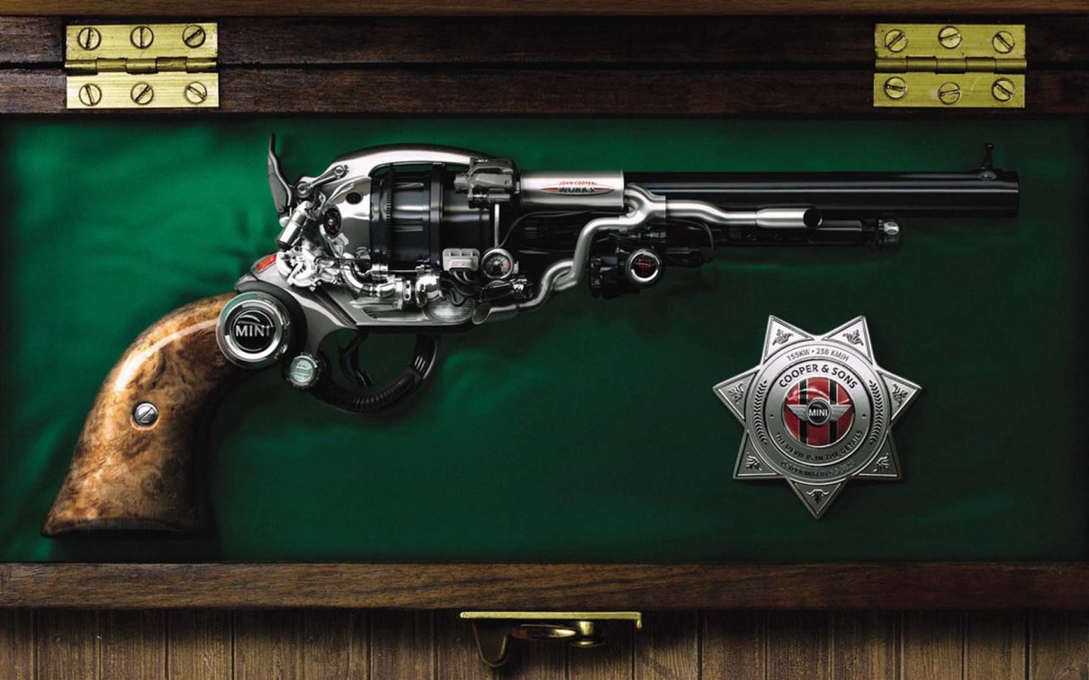 1210x756, 148 Kb / шкатулка, мини, купер, пистолет, значок