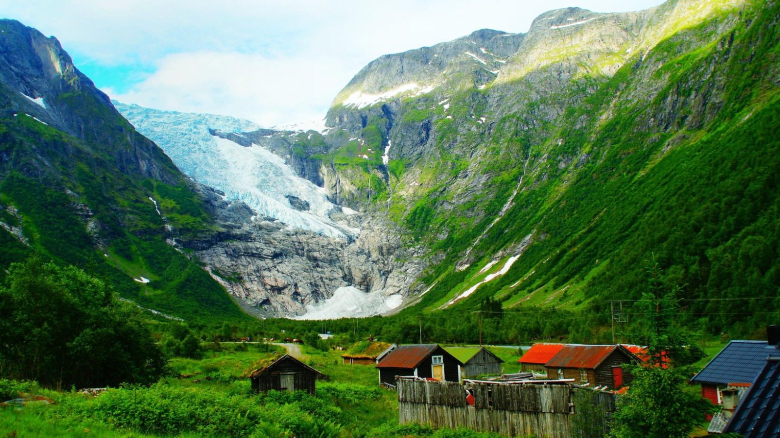 1605x901, 329 Kb / горы, деревня, ледник, зелень