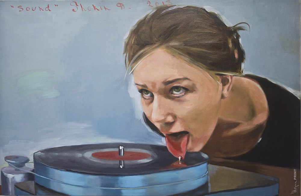 1000x651, 96 Kb / девушка, пластинка, винил, язык, игла, рисунок