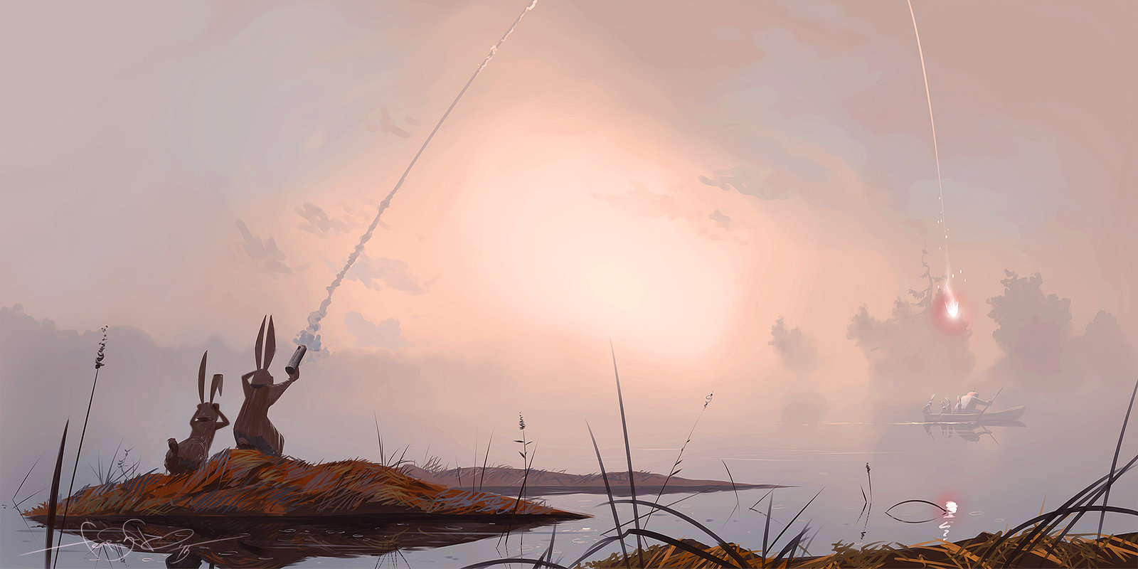 1600x800, 155 Kb / Дед, Мазай, зайцы, лодка, разлив, река, пистолет, сигнальный, ракета, падает, Сергей, Свистунов