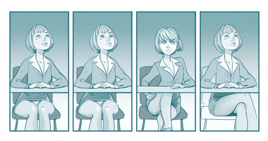 900x474, 72 Kb / стрип, комикс, девушка, стол, трусики, взгляд, Mihail, Glooh