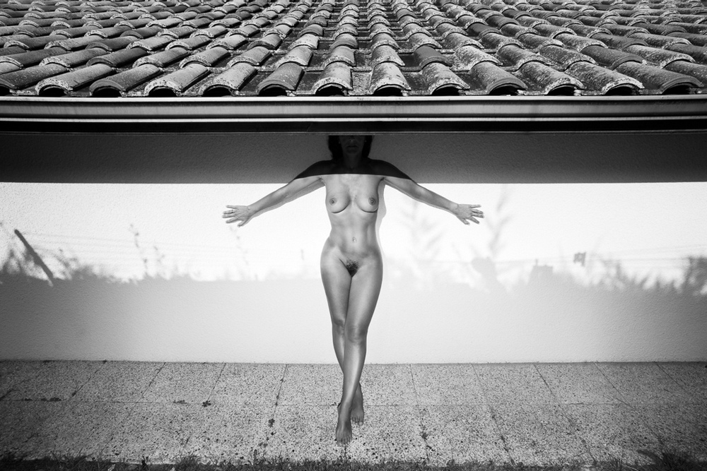 1000x667, 291 Kb / голая, черепица, мохнатка, ч/б, крыша