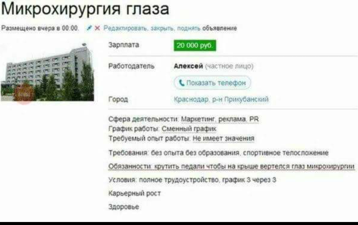 711x448, 234 Kb / объявление, работа, вертел, Микрохирургия глаза