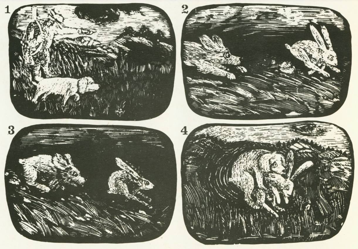 1221x848, 202 Kb / Ч/Б, охотник, пёс, погоня, заяц