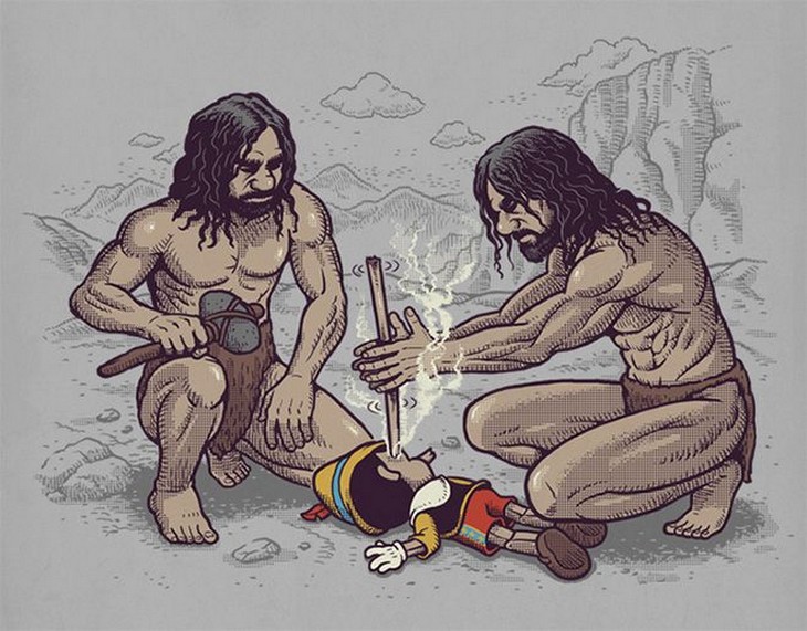 730x571, 110 Kb / первобытные люди, дикари, огонь, пиноккио, нос