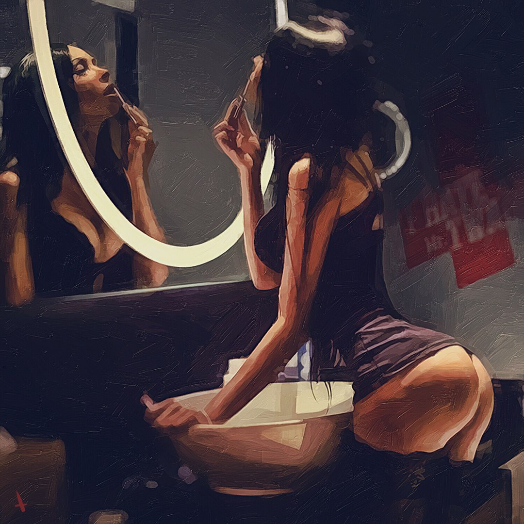 1080x1080, 229 Kb / зеркало, умывальник, чулки, попа, брюнетка, рисунок