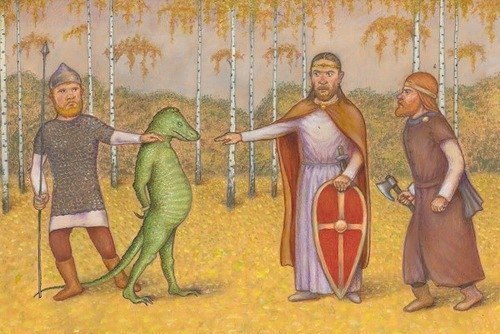 500x334, 57 Kb / богатыри, рептилоид, топор, копье