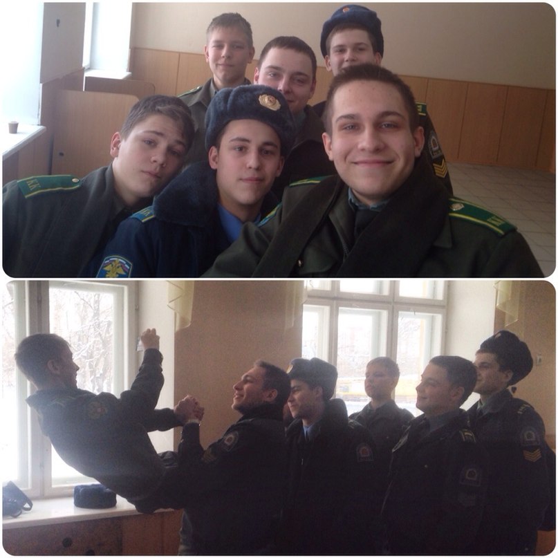 807x807, 89 Kb / Кадеты, селфи, палка, окно