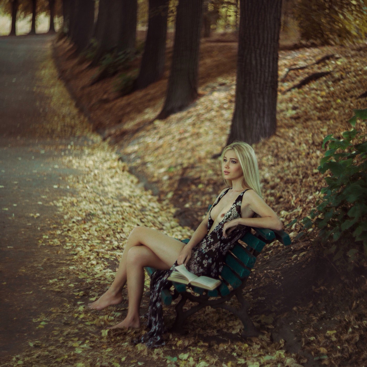 1400x1400, 346 Kb / Книга, скамейка, парк, листва, блонда