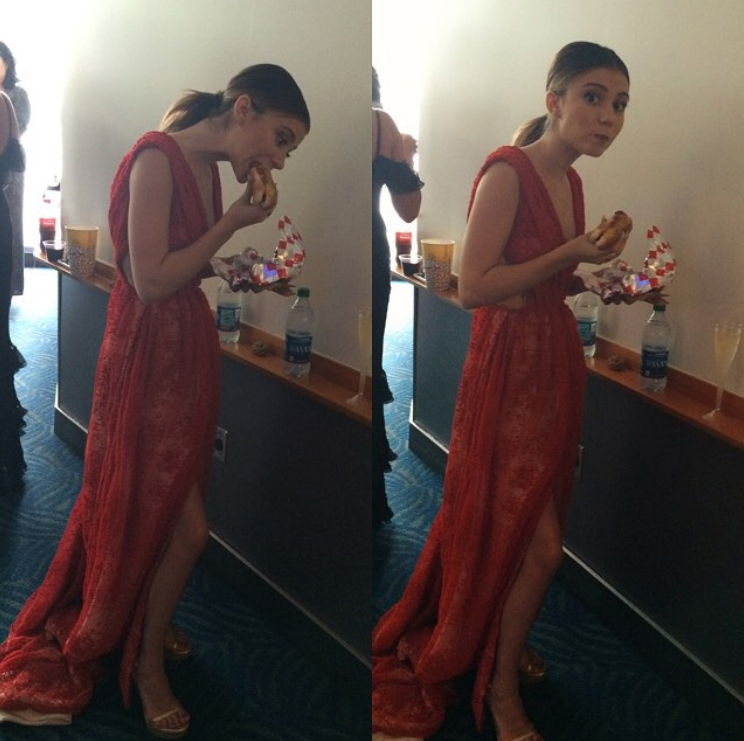 744x741, 284 Kb / платье красное, быстрая еда, хотдог