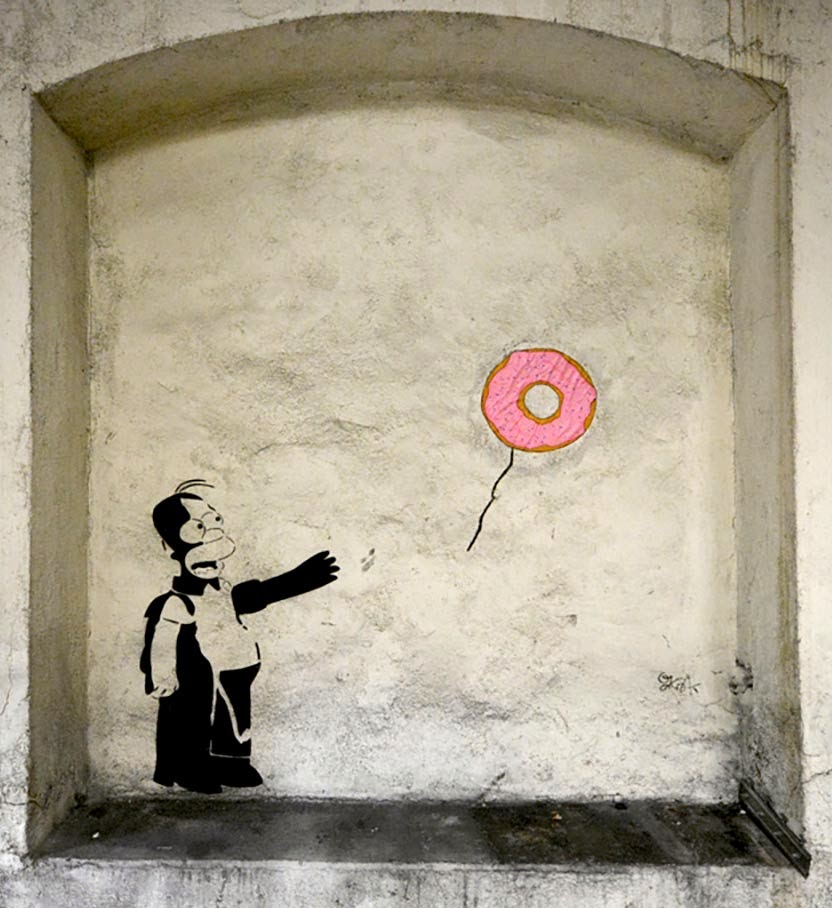 832x908, 117 Kb / Гомер, Бэнкси, пончик, стрит арт, граффити