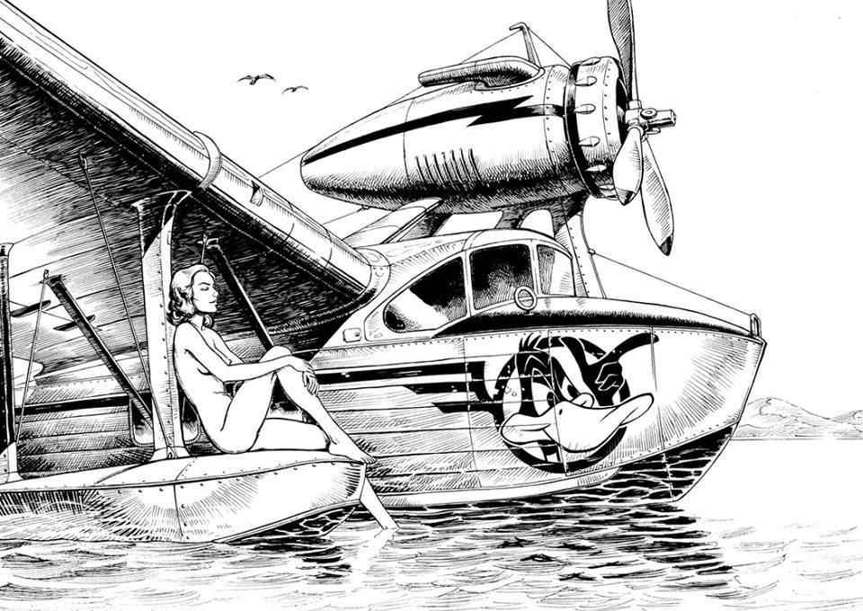 960x680, 146 Kb / рисунок, гидросамолёт, гидроплан, девушка, даффи дак