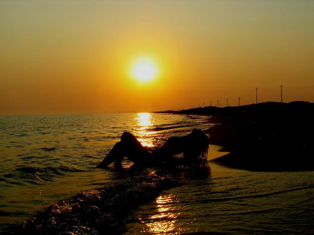 1024x768, 82 Kb / солнце, берег, силуэт, закат, блики