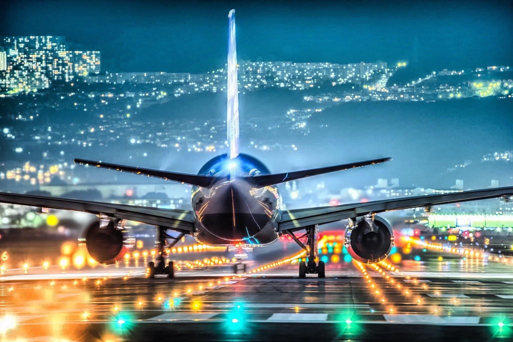 2048x1367, 350 Kb / Самолёт, огни, город