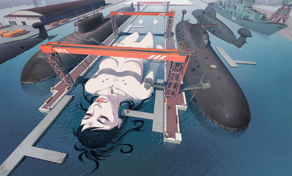 1024x617, 364 Kb / верфь, пристань, субмарина, крейсер, тело, рисунок