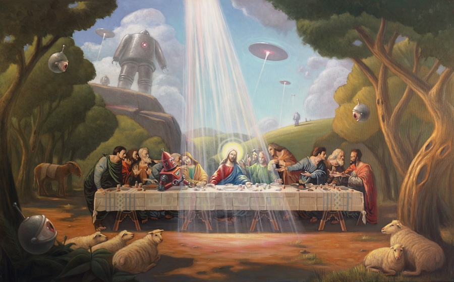 900x560, 279 Kb / тайная вечеря, нло, овцы, роботы, иисус, абсурд