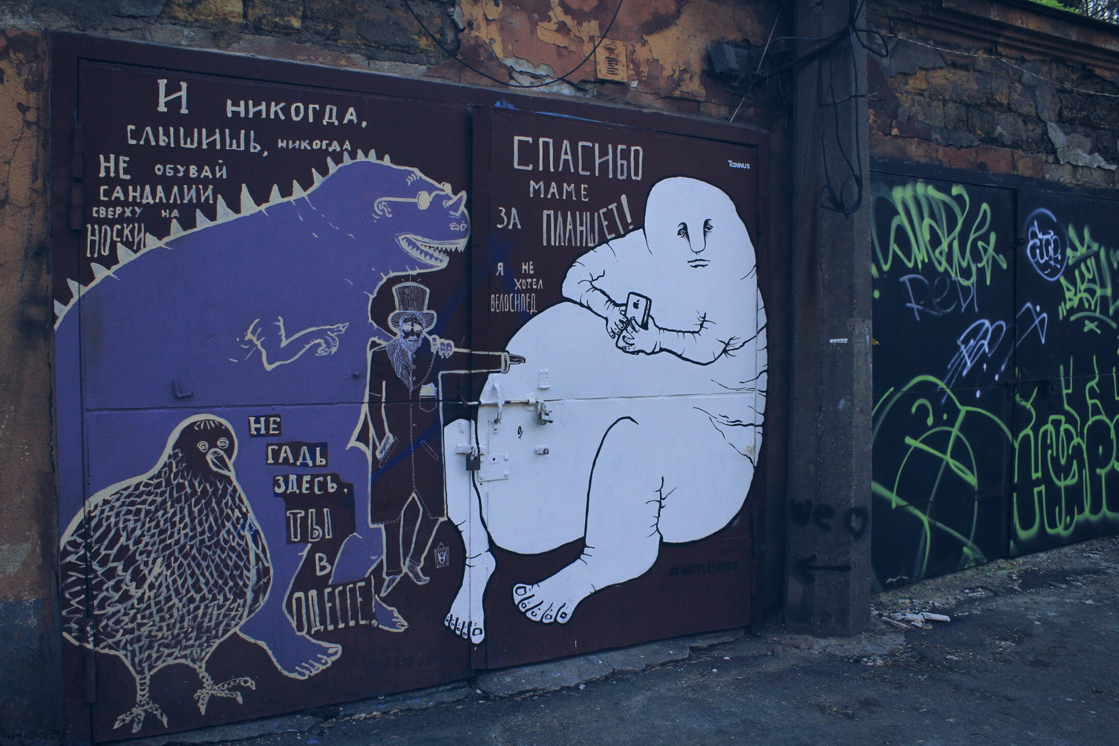 1629x1086, 383 Kb / айфон, граффити, планшет, велосипед, толстяк, мама, динозавр, голубь, одесса, ворота, гараж