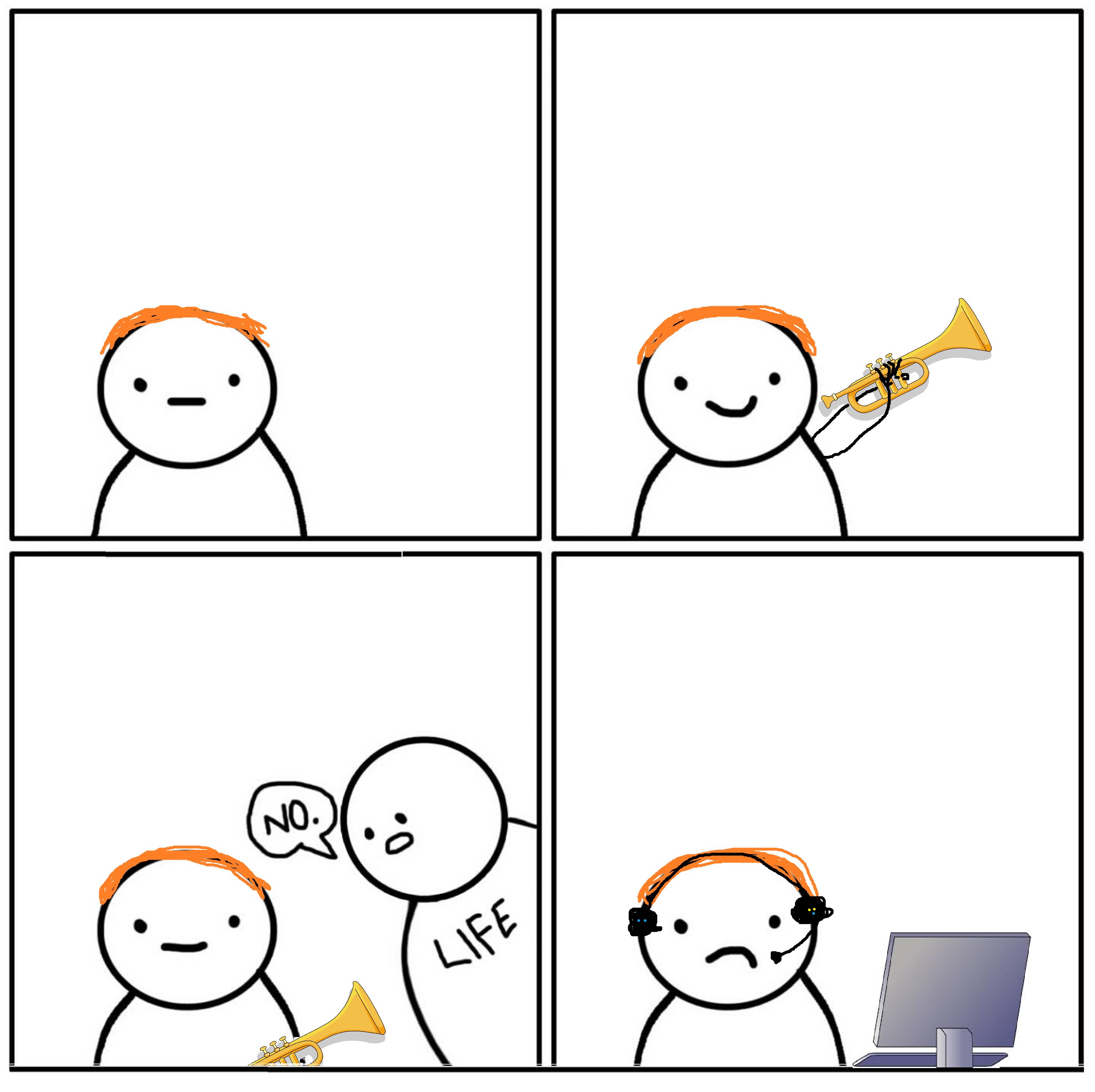 3068x3060, 391 Kb / труба, наушники, рыжий, комп, жизнь