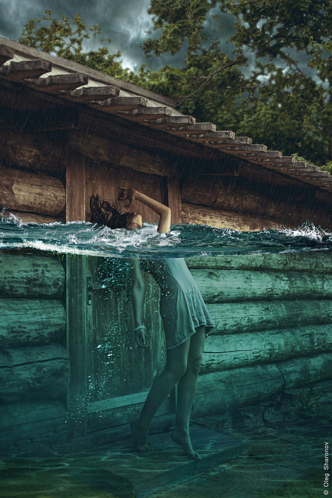 667x1000, 201 Kb / наводнение, вода, девушка, крыльцо, изба, дверь