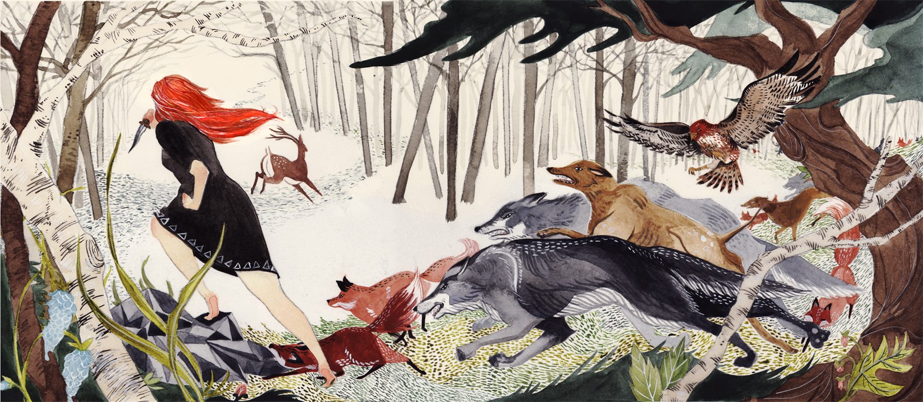 1800x784, 393 Kb / рыжая, нож, кинжал, олень, волки, лисы, сова