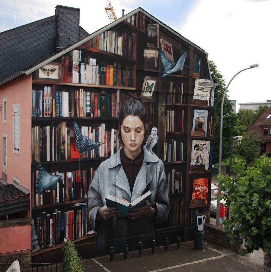 900x902, 111 Kb / граффити, книги, сова, полки, бабочка, девушка